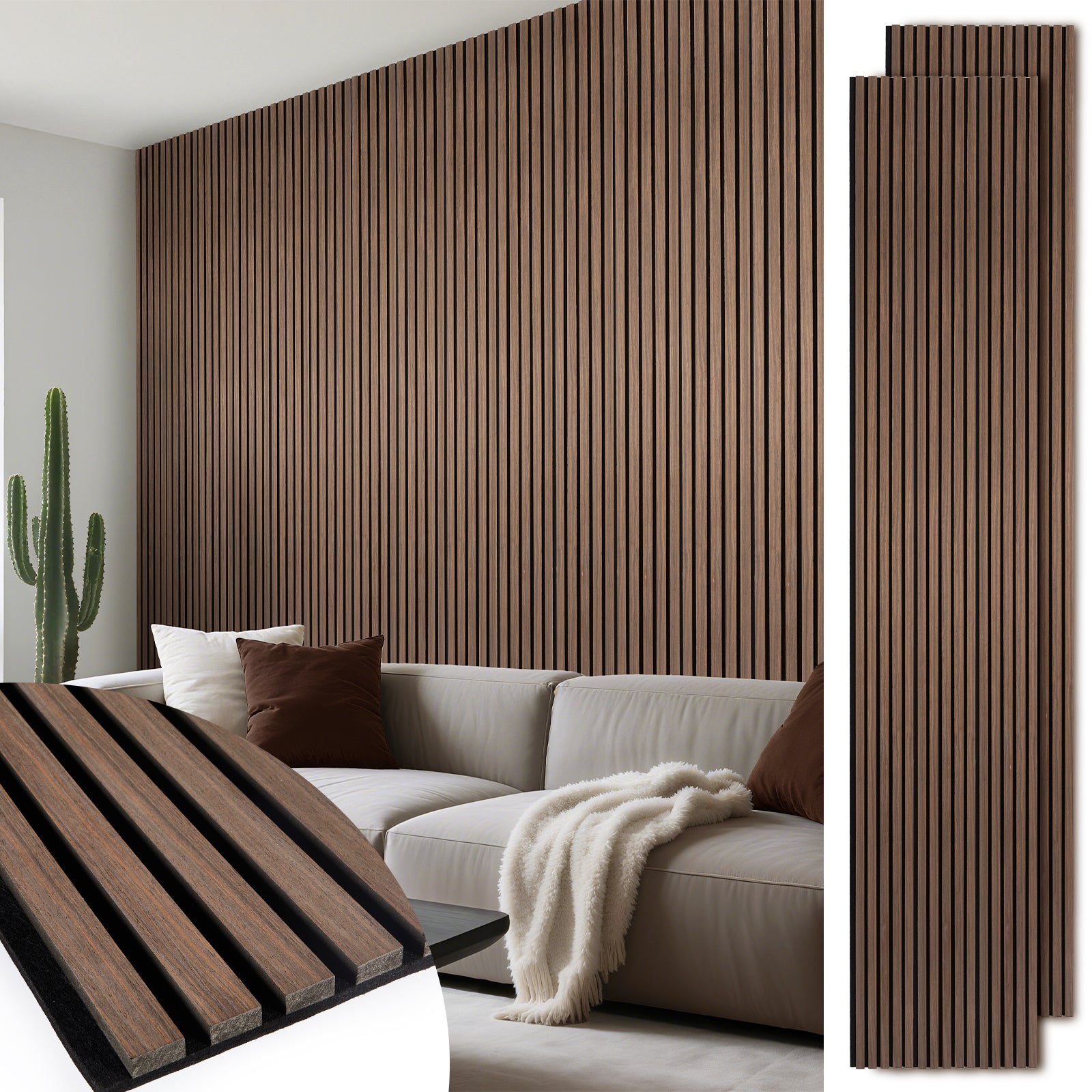 Acoustic Wood Slat Panels 2 Pack 106" x 12.6",Walnut