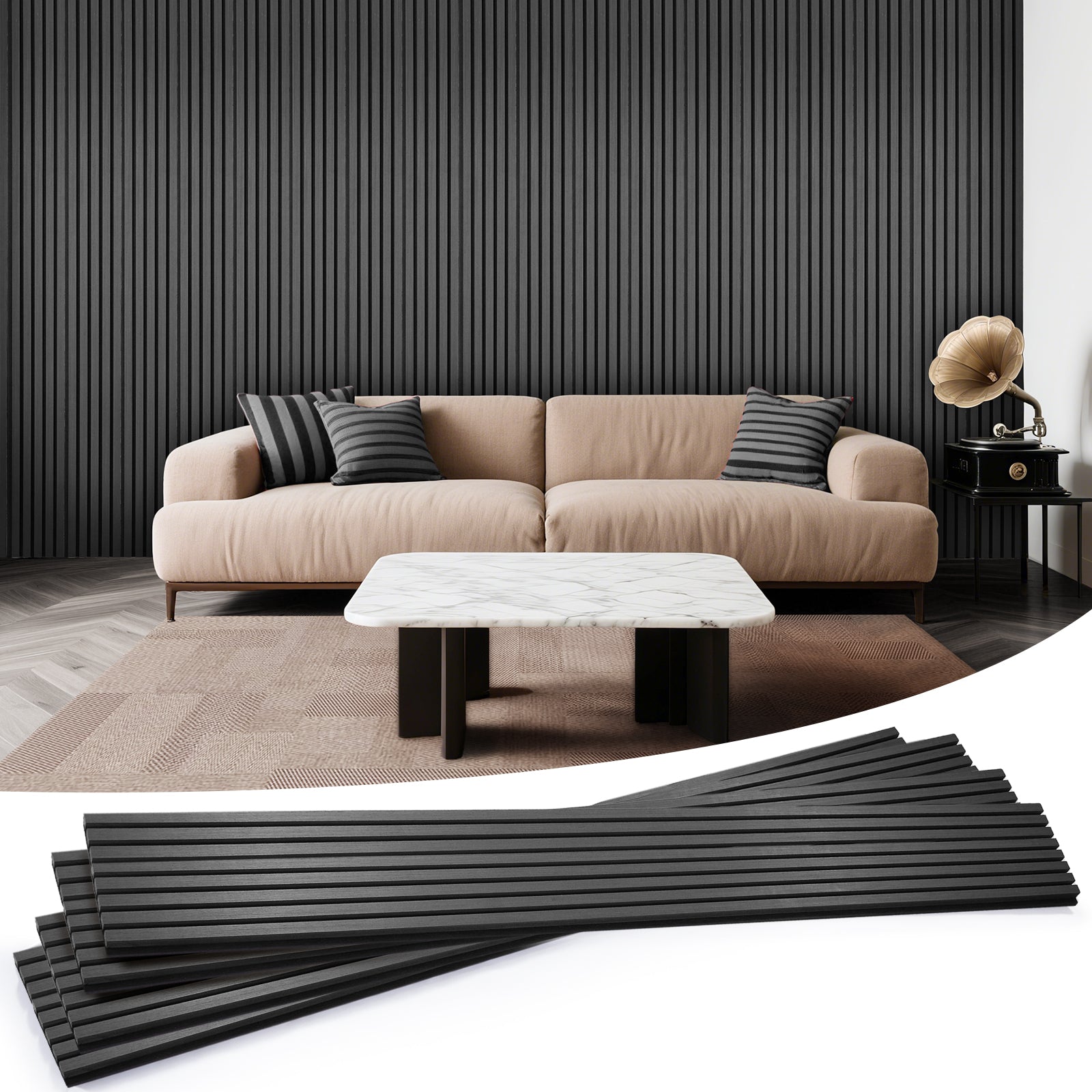 Acoustic Wood Slat Panels 2 Pack 106" x 12.6",Black