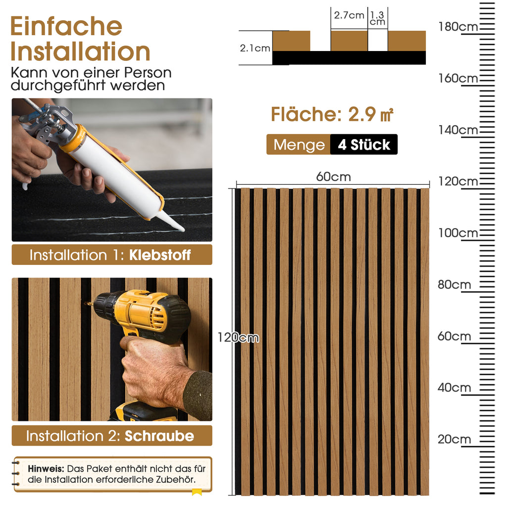 Akustikpaneele Holz, 4 Stück 120x60cm (2,88㎡), Wandpaneele Holzoptik, Hervorragende Schallabsorption, Geeignet für Wohnräume, Wanddekoration, Wandverkleidung-Teak