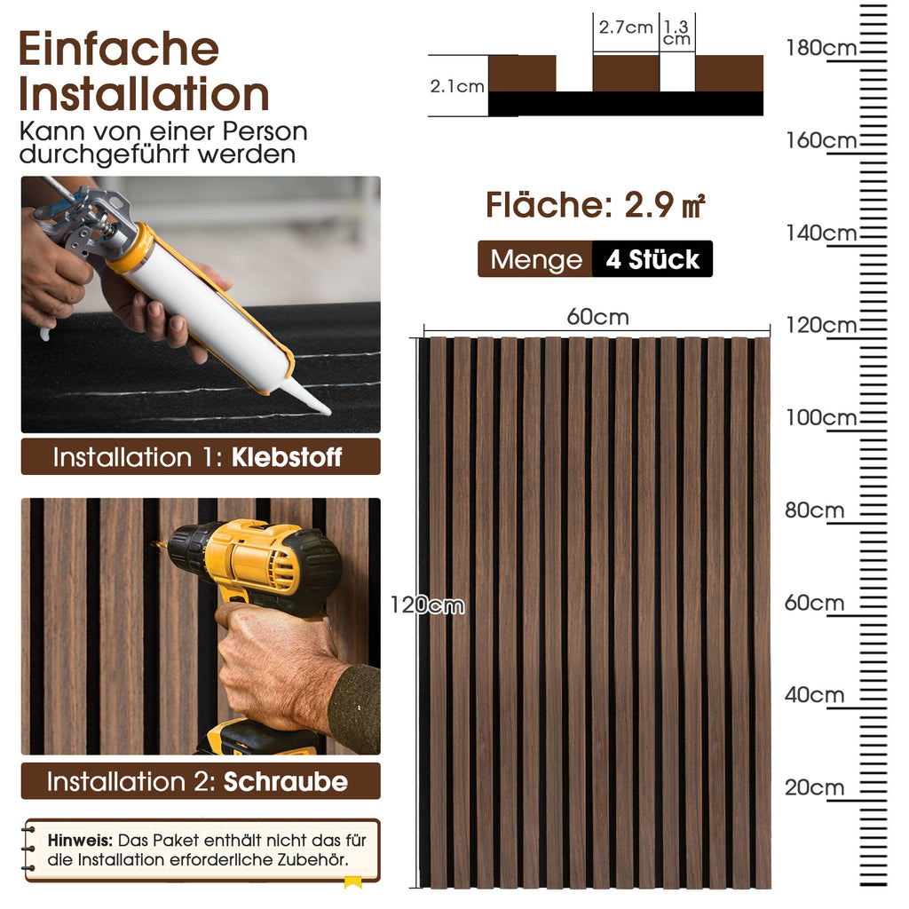 Akustikpaneele Holz, 4 Stück 120x60cm (2,88㎡), Wandpaneele Holzoptik, Hervorragende Schallabsorption, Geeignet für Wohnräume, Wanddekoration, Wandverkleidung-Walnuss