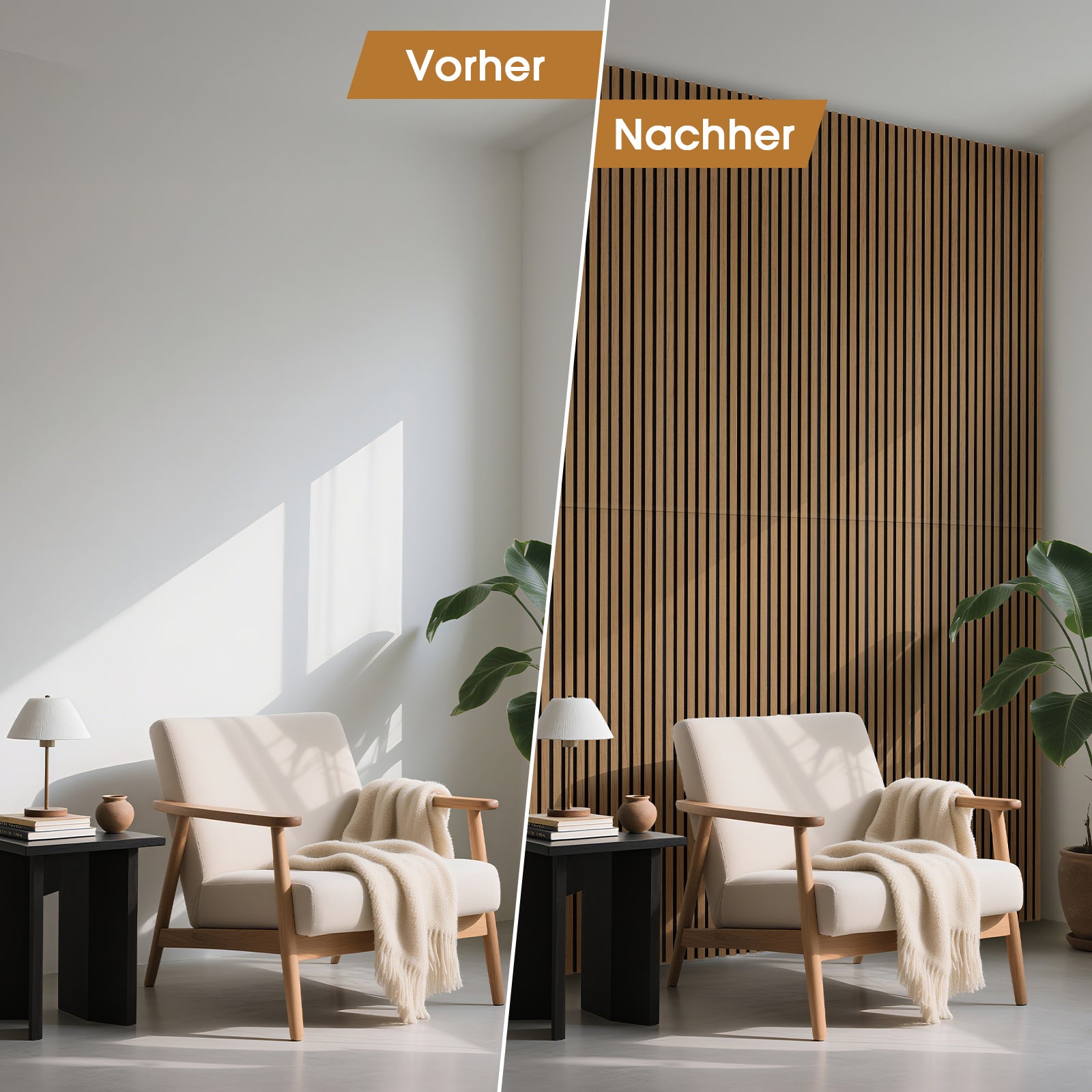 Akustikpaneele Holz, 4 Stück 120x60cm (2,88㎡), Wandpaneele Holzoptik, Hervorragende Schallabsorption, Geeignet für Wohnräume, Wanddekoration, Wandverkleidung-Teak