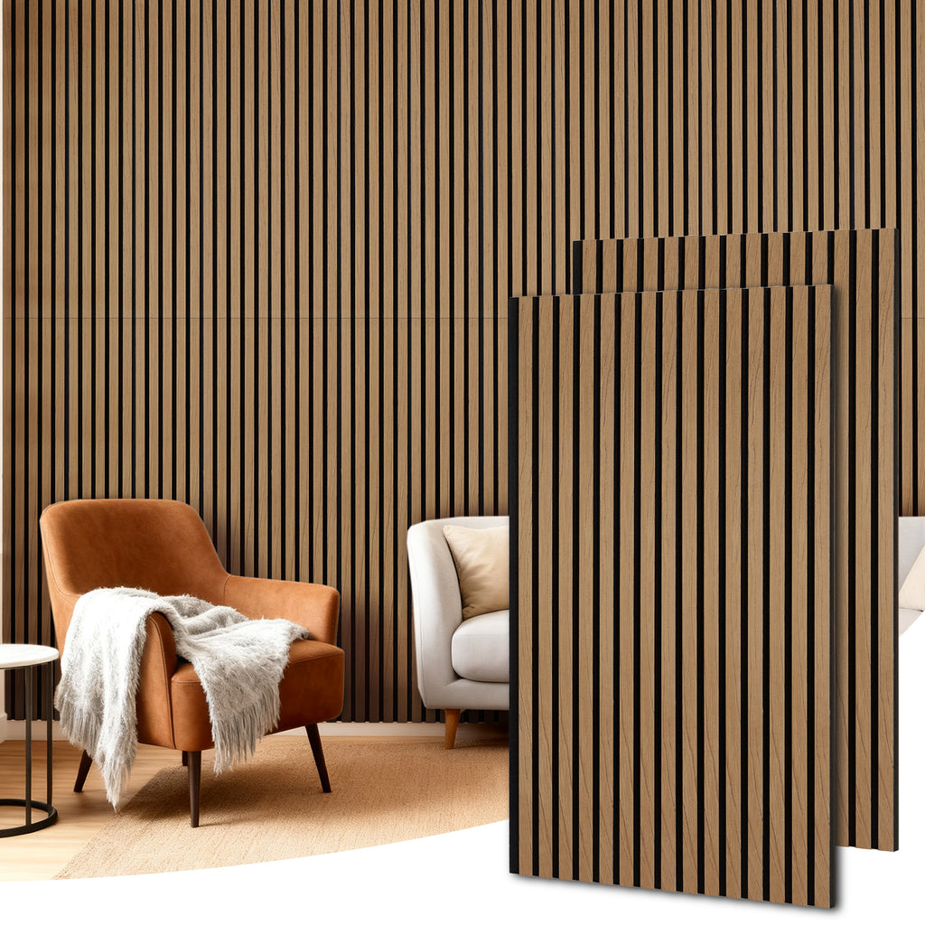 Akustikpaneele Holz, 4 Stück 120x60cm (2,88㎡), Wandpaneele Holzoptik, Hervorragende Schallabsorption, Geeignet für Wohnräume, Wanddekoration, Wandverkleidung-Teak