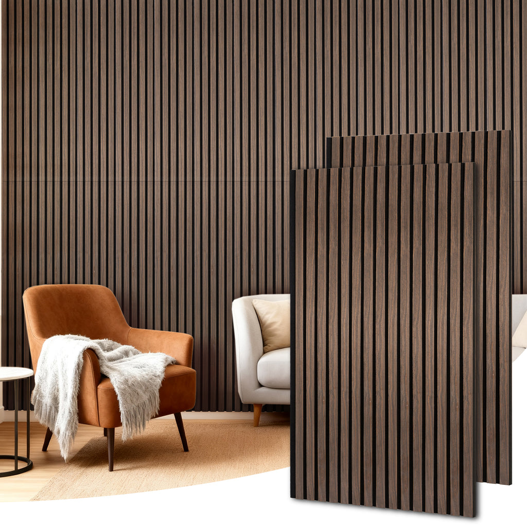 Akustikpaneele Holz, 4 Stück 120x60cm (2,88㎡), Wandpaneele Holzoptik, Hervorragende Schallabsorption, Geeignet für Wohnräume, Wanddekoration, Wandverkleidung-Walnuss