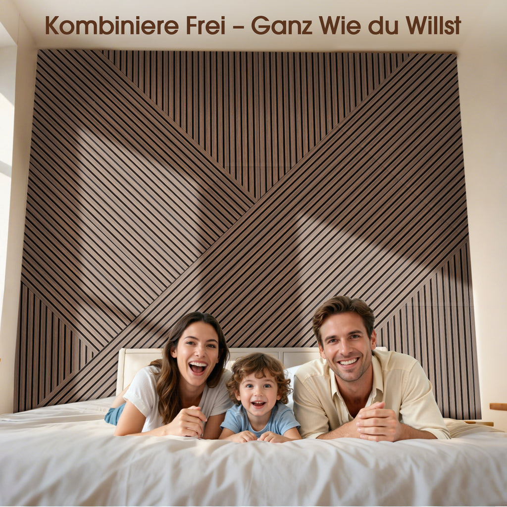 Akustikpaneele Holz, 4 Stück 120x60cm (2,88㎡), Wandpaneele Holzoptik, Hervorragende Schallabsorption, Geeignet für Wohnräume, Wanddekoration, Wandverkleidung-Walnuss