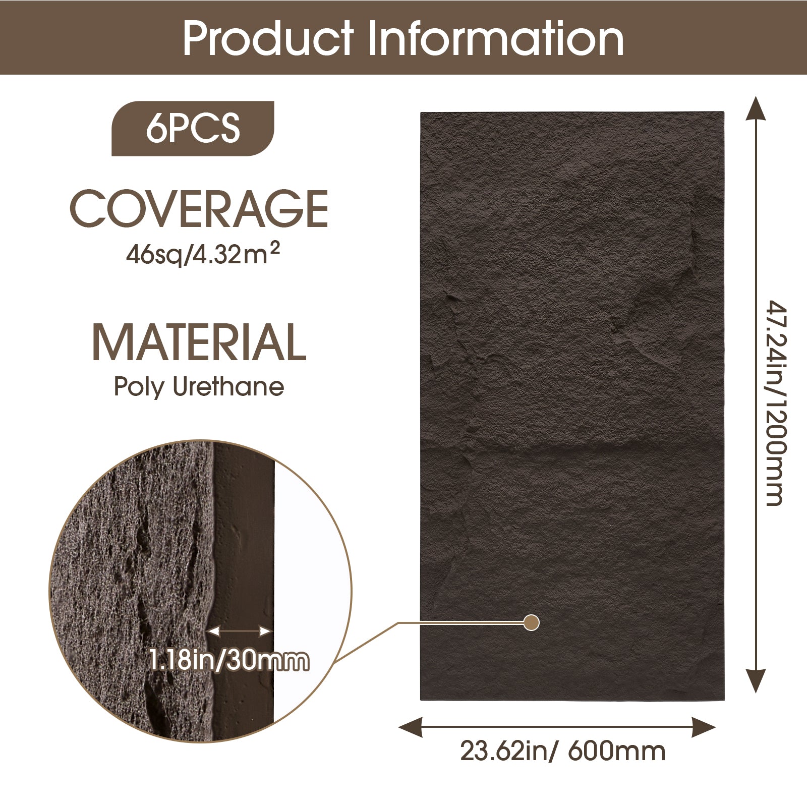 PU Wall Panels，6-Pack 47.24×23.62 in.