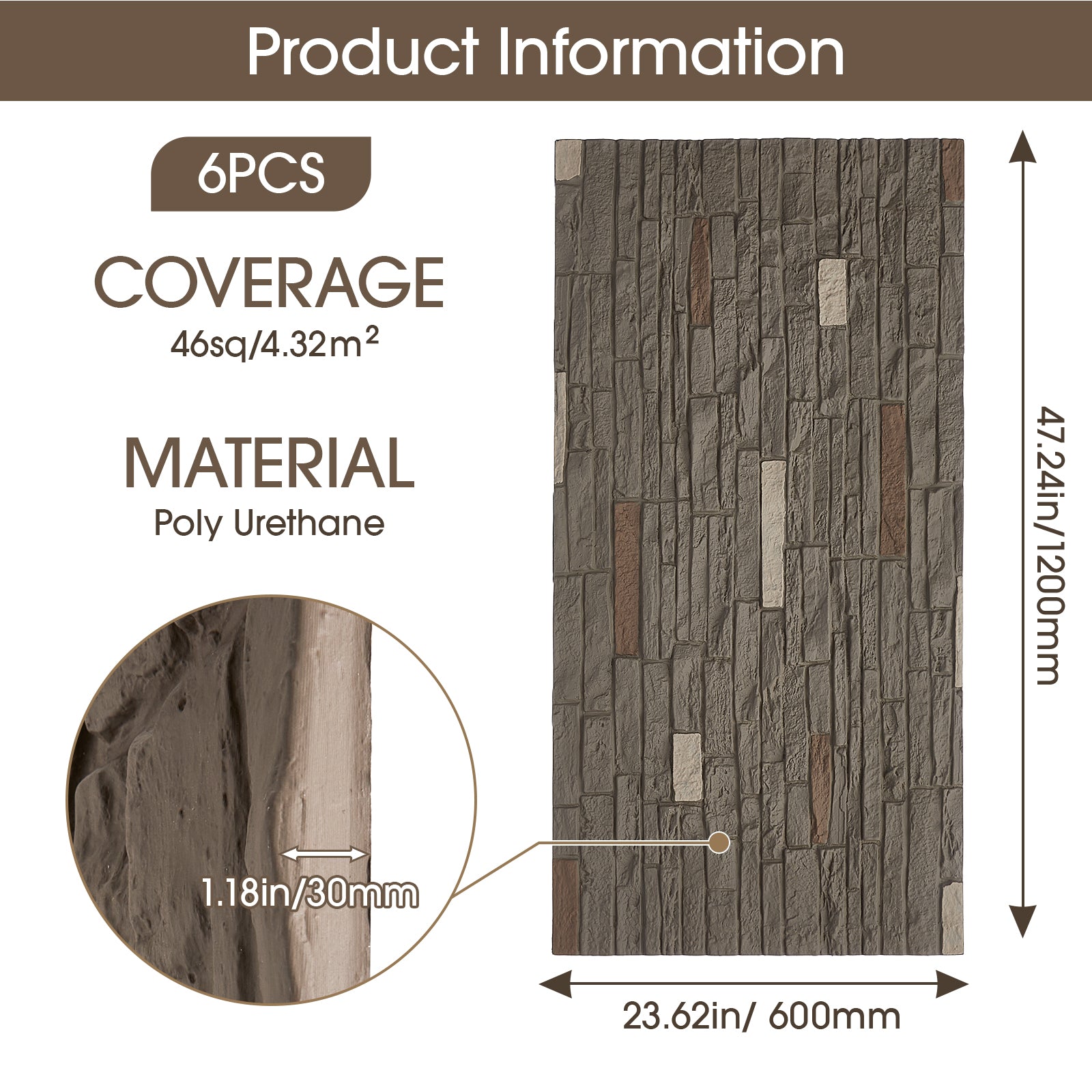 Faux Stone Brick Wall Panels, 6-Pack for Exterior & Interior