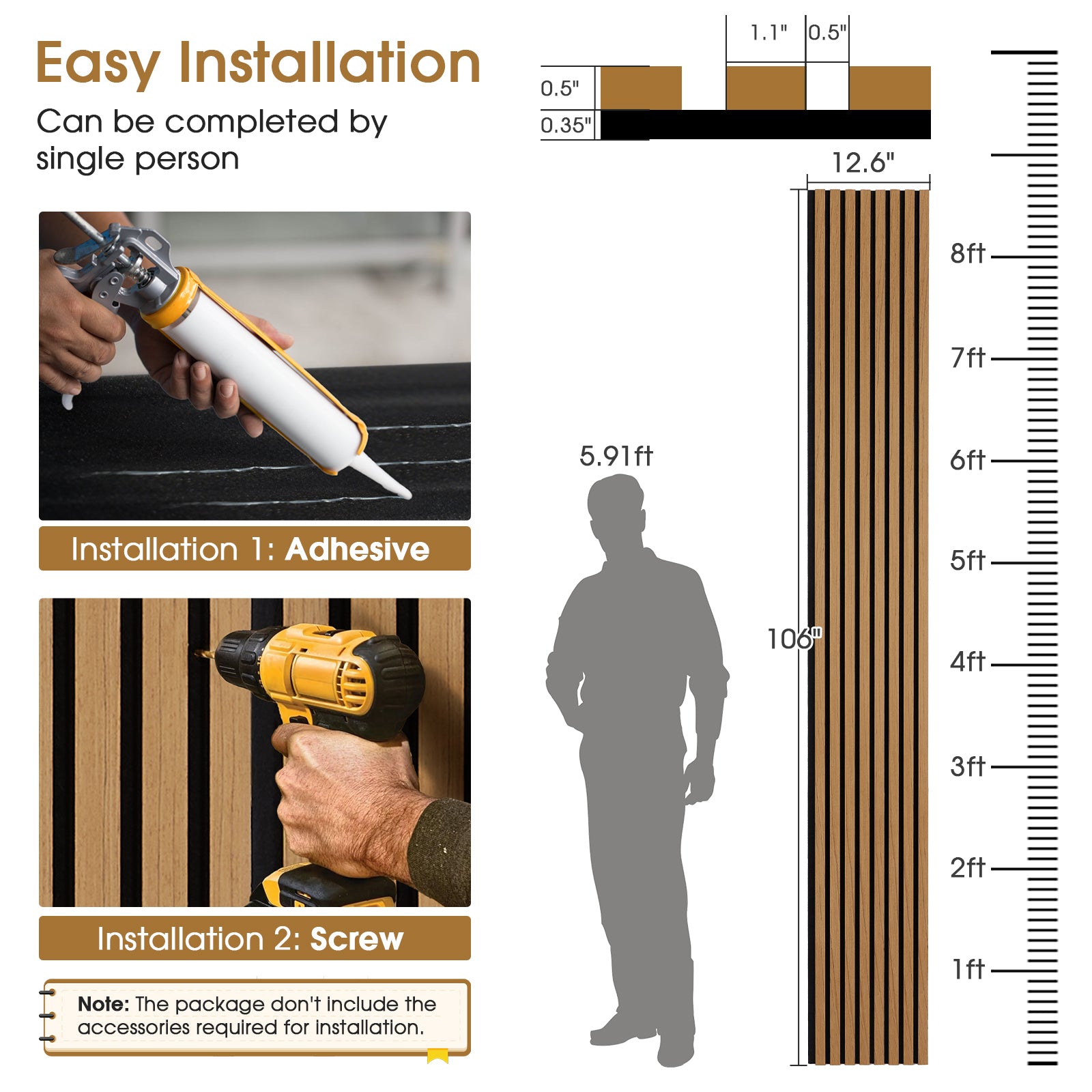 Acoustic Wood Slat Panels 2 Pack 106" x 12.6",Teak