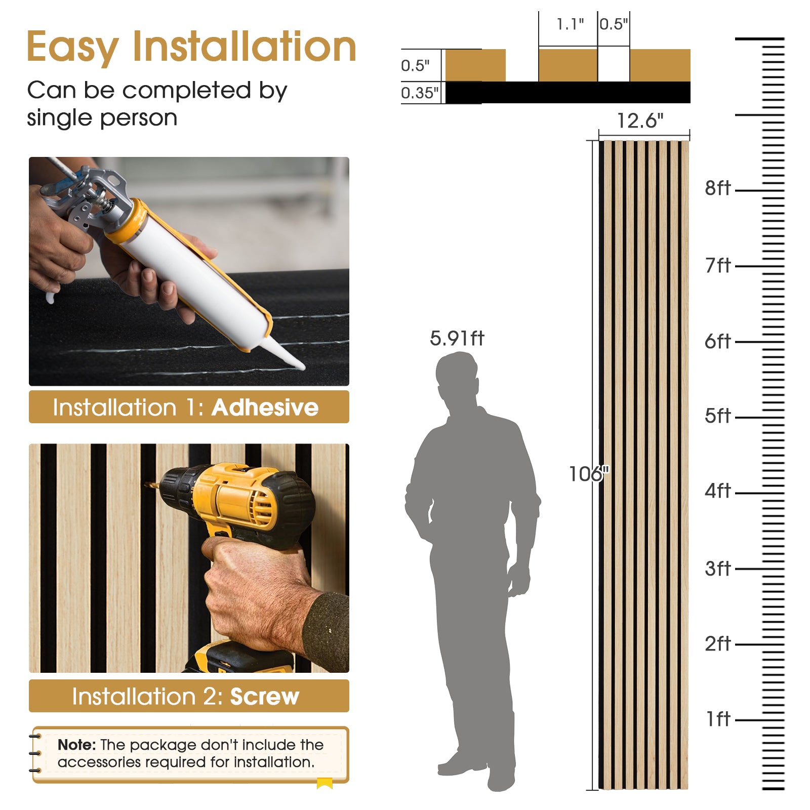 Acoustic Wood Slat Panels 2 Pack 106" x 12.6",Oak