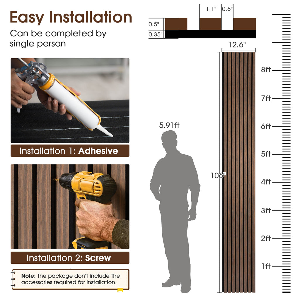 Acoustic Wood Slat Panels 2 Pack 106" x 12.6",Walnut